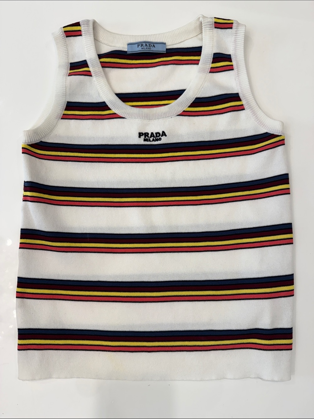 Women’s White Tank Top with Navy, Yellow & Red Stripes - Picture 3 of 8